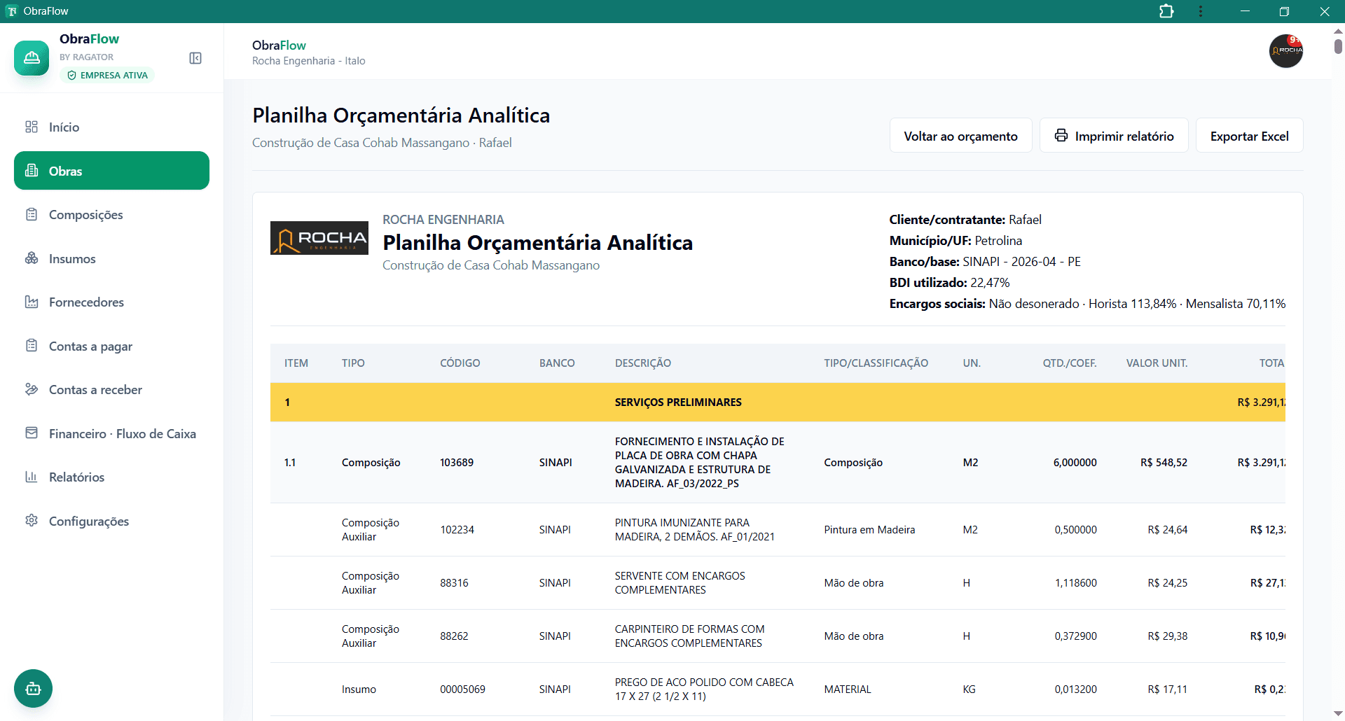 Tela do ObraFlow: Orçamento analítico